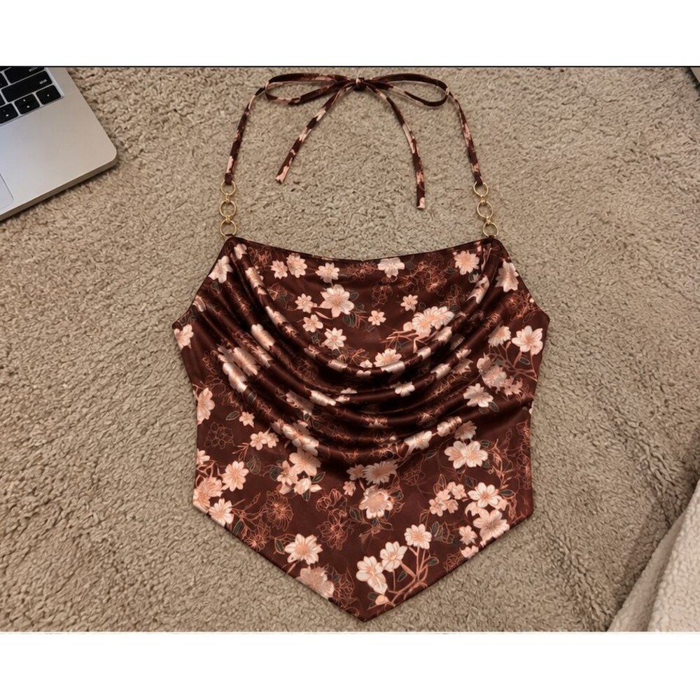 Streetwear Society Women's Small Brown Floral Satin Halter Top Gold Chain Y2K
